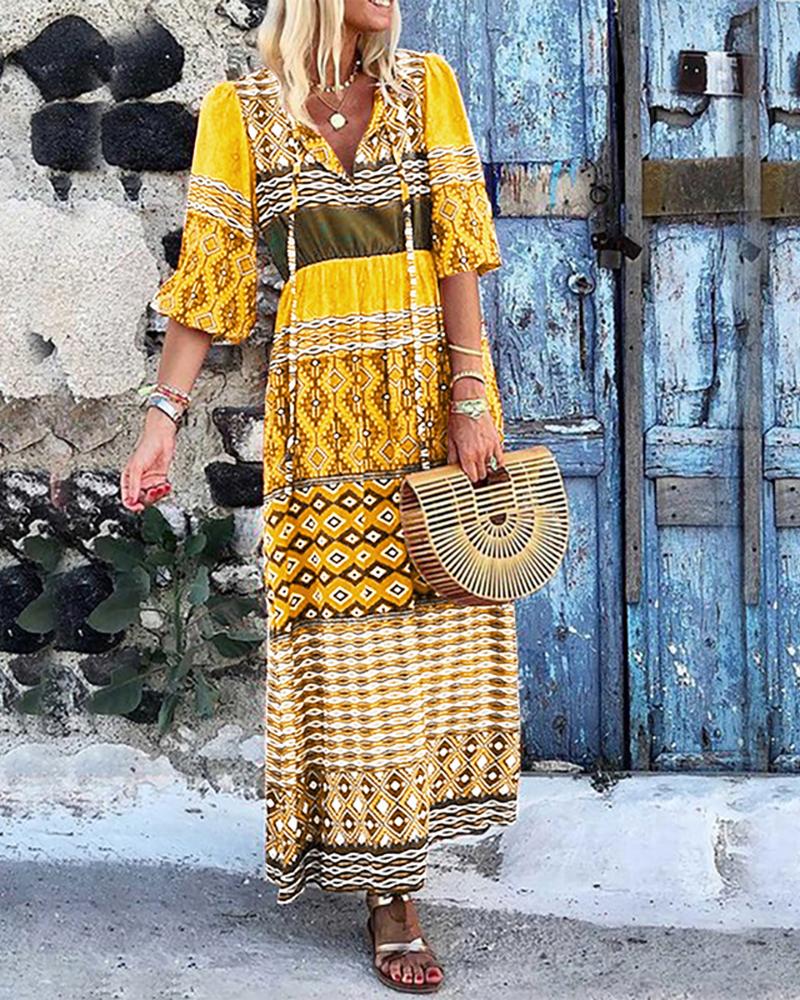 

Boho Print Half Sleeve Casual Maxi Dress, Yellow