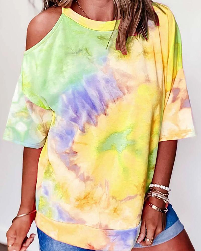 

Cold Shoulder Tie Dye Print Casual T-shirt, Yellow