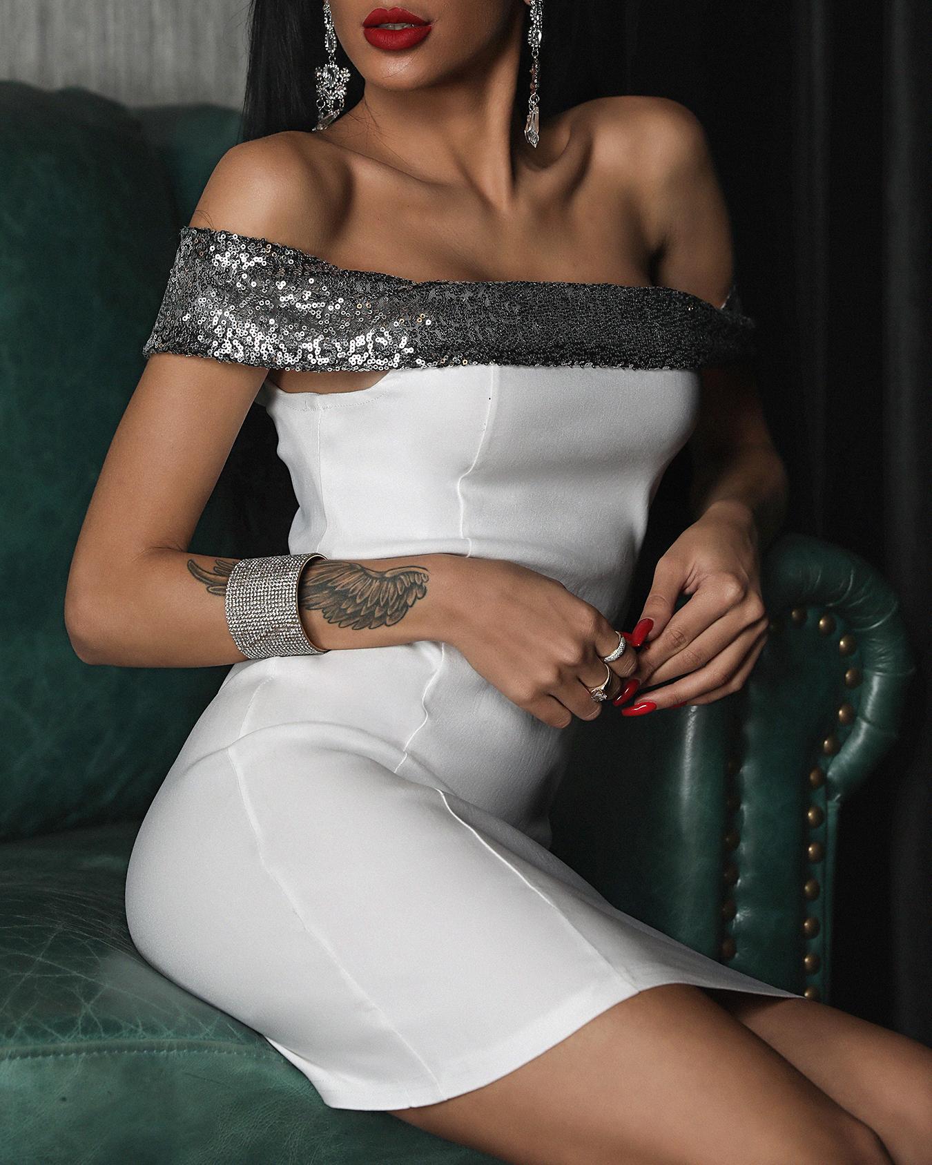 

Sequins Embellished Off Shoulder Bodycon Dress, White