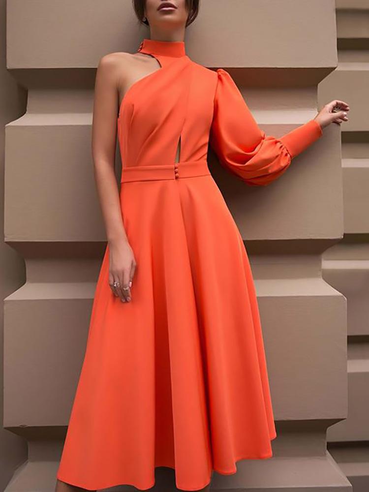 

One Shoulder Lantern Sleeve Slit Formal Dress, Orange