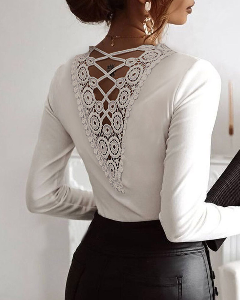 

Lace-up Guipure Lace Backless Top, White