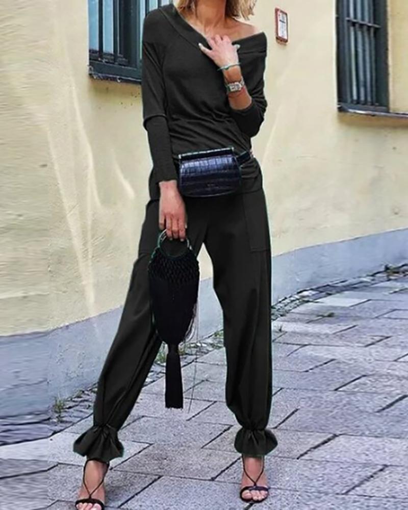 

Plain Long Sleeve Top & Cuffed Pants Set, Black
