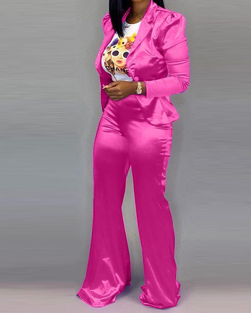 

Solid Button-Up Jacket & Pants Set, Hot pink