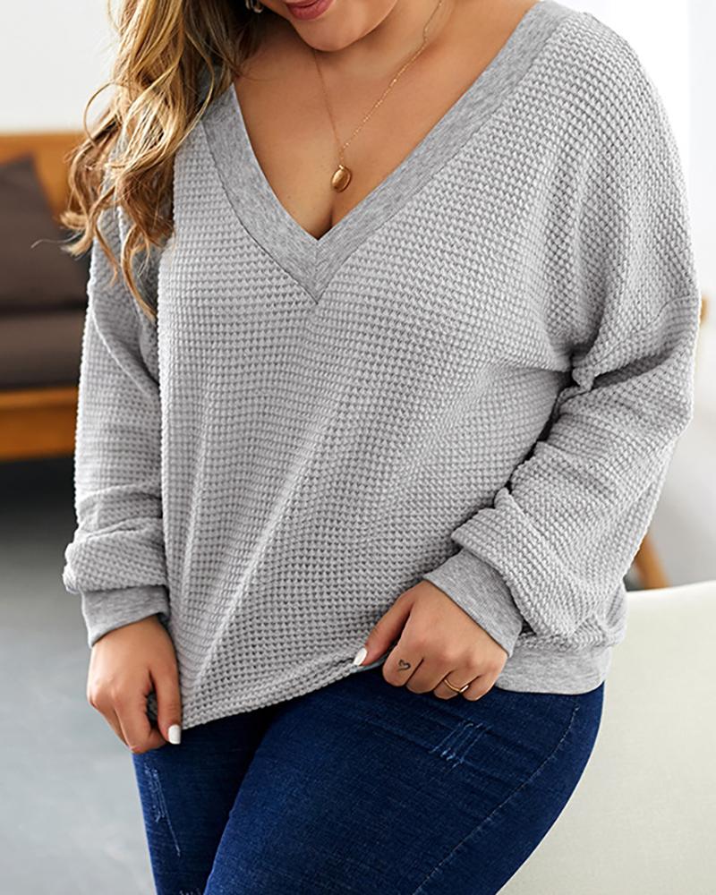 

Plus Size Plain Long Sleeve Knit Sweater, Gray