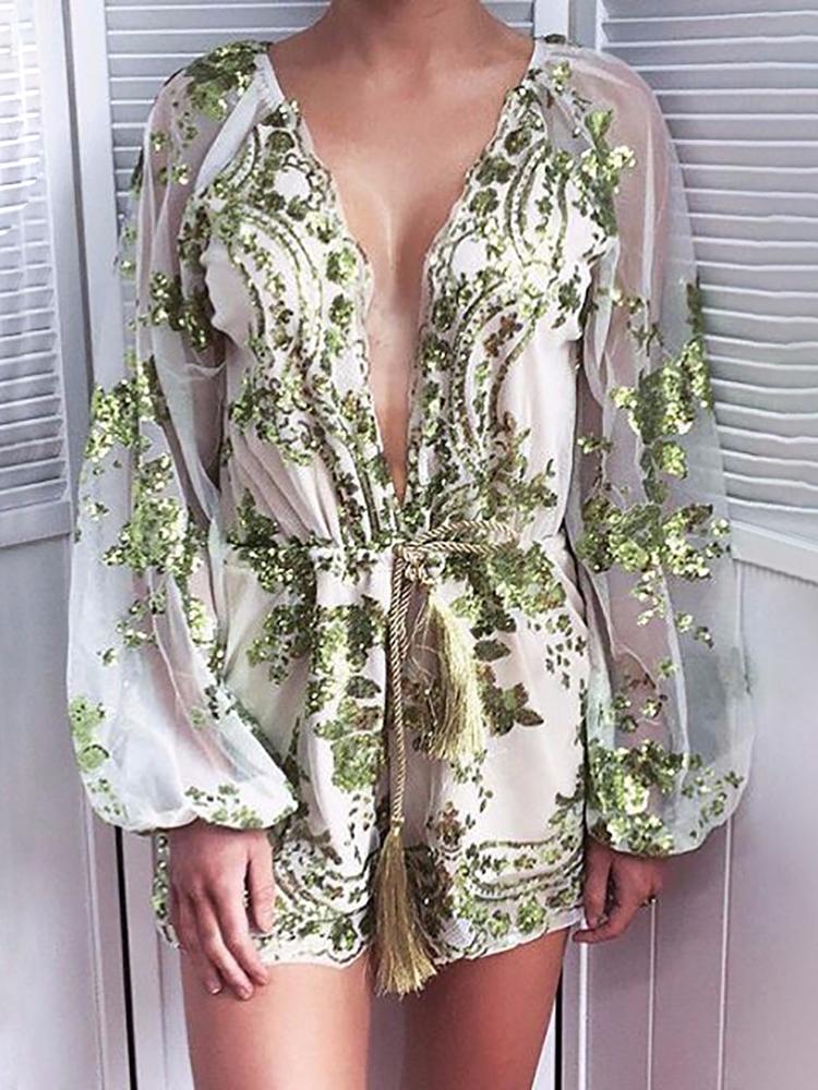 

Sequins Deep V Drawstring Romper
