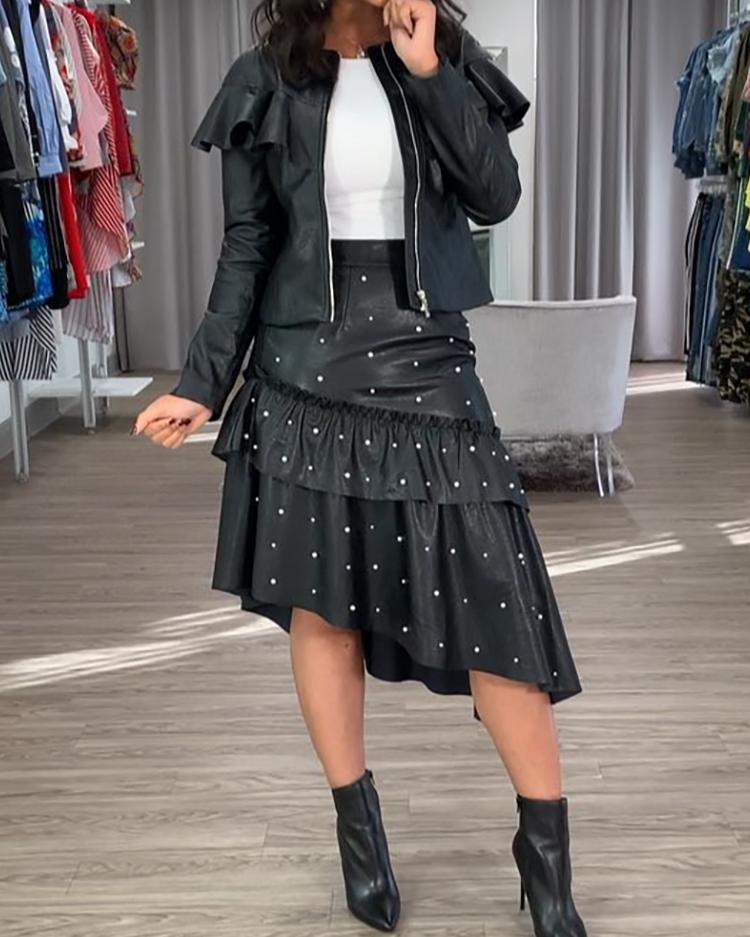 

Beading Ruffles Irregular PU Skirt, Black