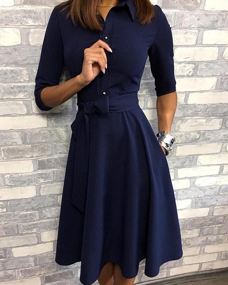 

Dots Tie Waist Pleated Shirt Dress, Blue