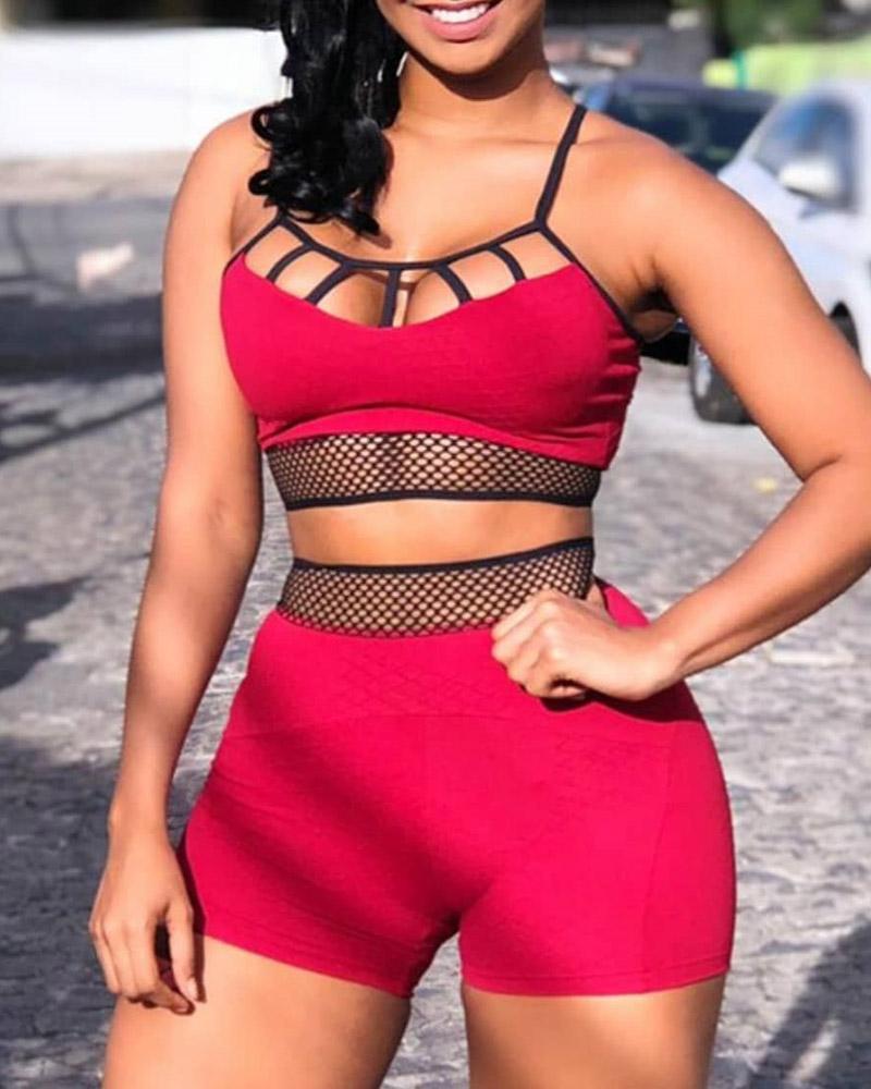 

Cutout Fishnet Mesh Insert Sporty Top & High Waist Shorts Set, Red