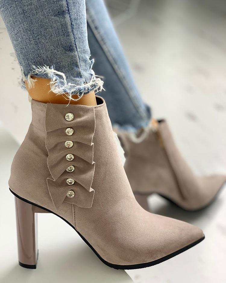 

Suede Pointed Toe Chunky Heeled Boots, Khaki