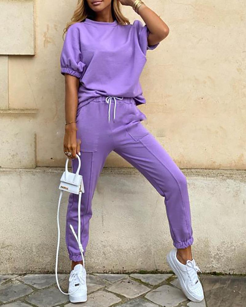 

Solid Short Sleeve Drawstring Top & Pant Sets, Purple