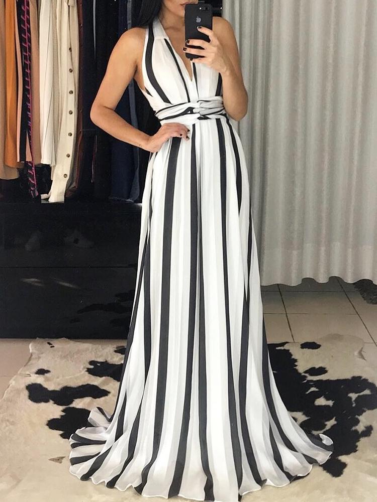 

Halter V Neck Striped Twist Waist Maxi Dress