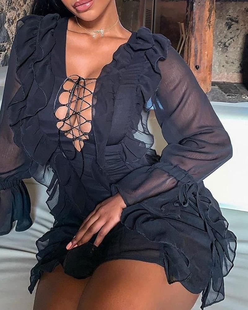 

Sheer Mesh Lace-Up Ruffled Mini Dress, Black