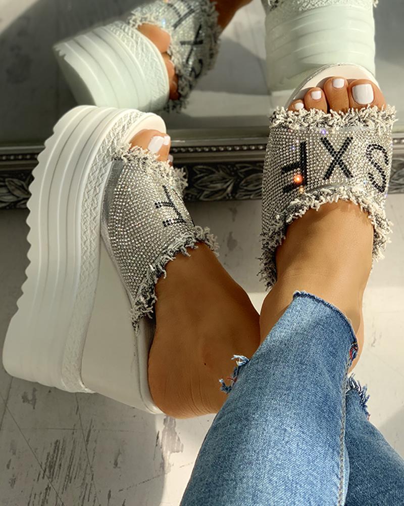 

Letter Print Fluffy Open Toe Platform Slip-On, White