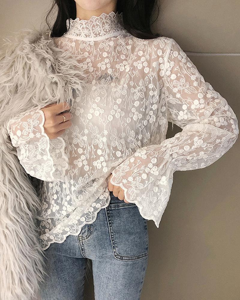 

Perspective Eyelet Lace High Neck Top, White
