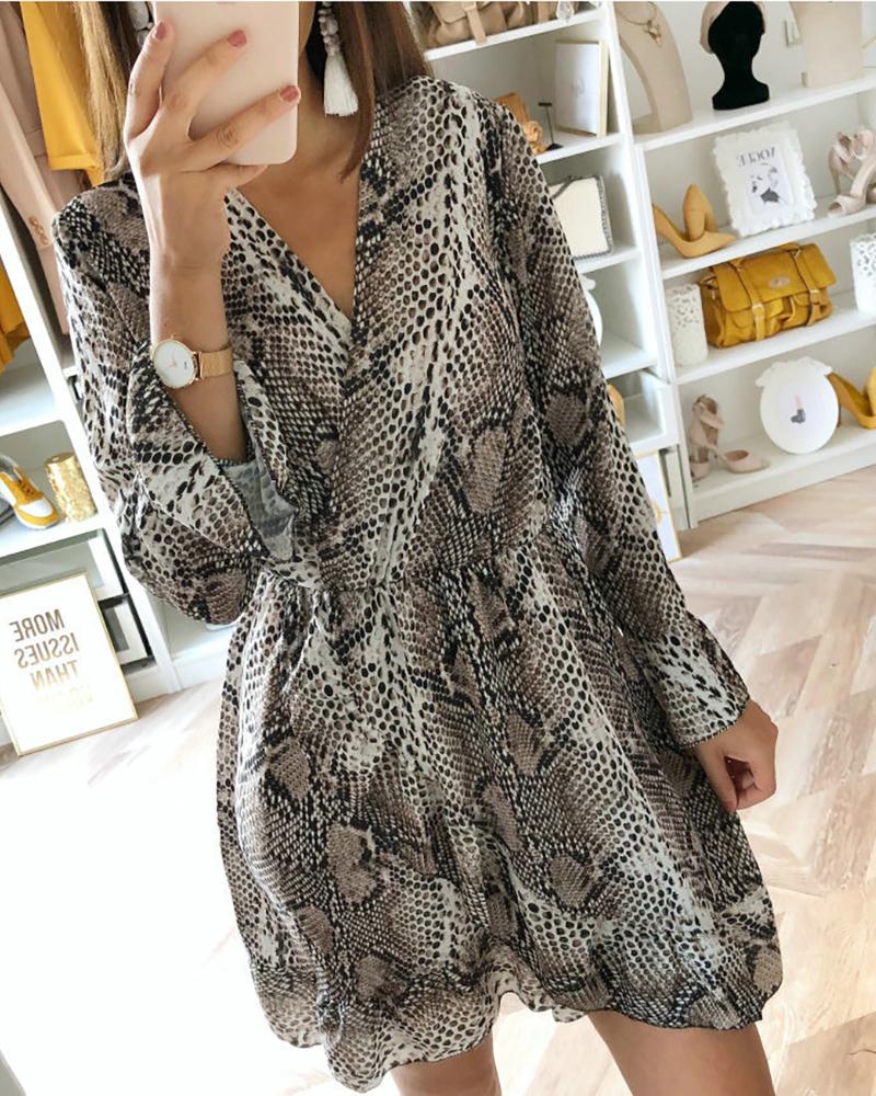 

V-neck Snakeskin Bell Sleeve Dress, Leopard