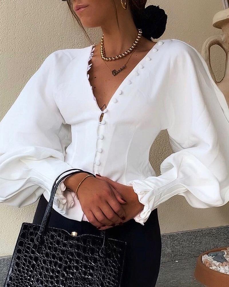 

Buttoned Lantern Sleeve V-Neck Blouse, White
