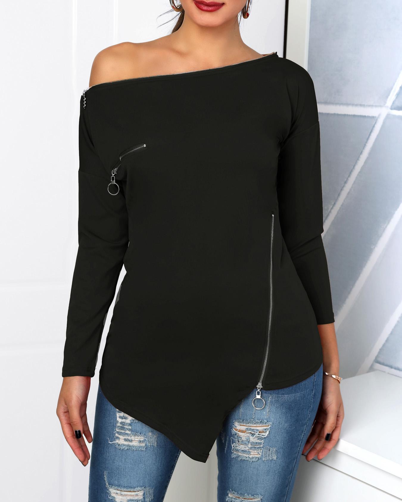 

Zipper Design Skew Neck Irregular T-Shirt