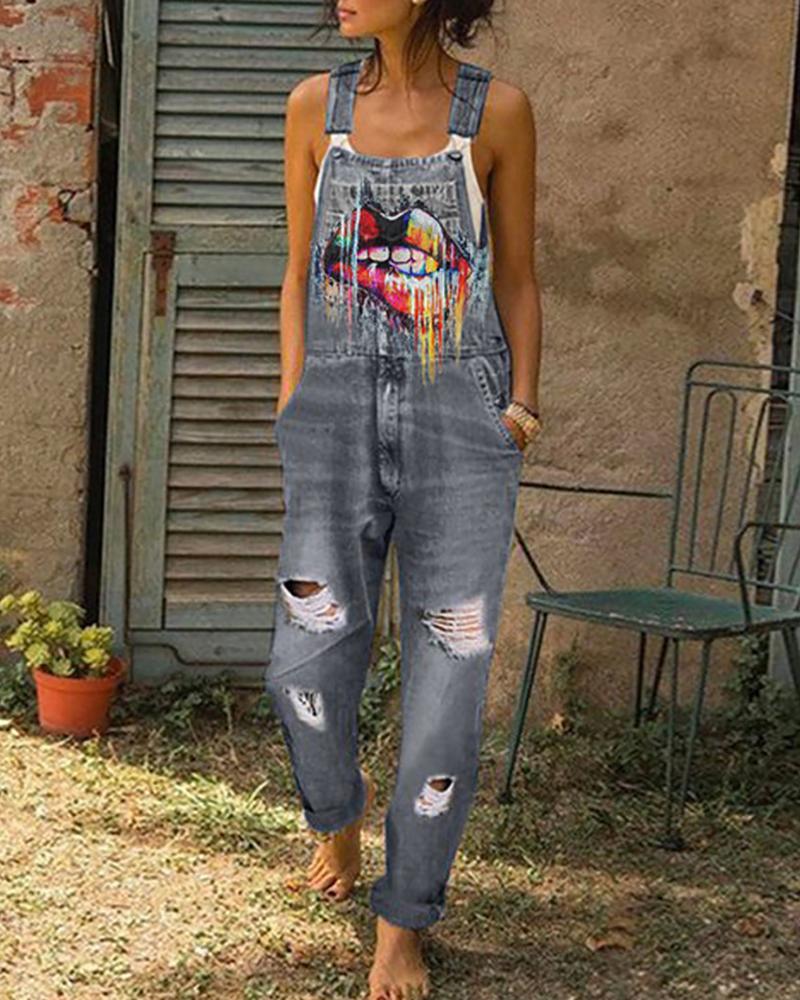 

Thin Strap Lip Print Ripped Suspender Jeans, Gray