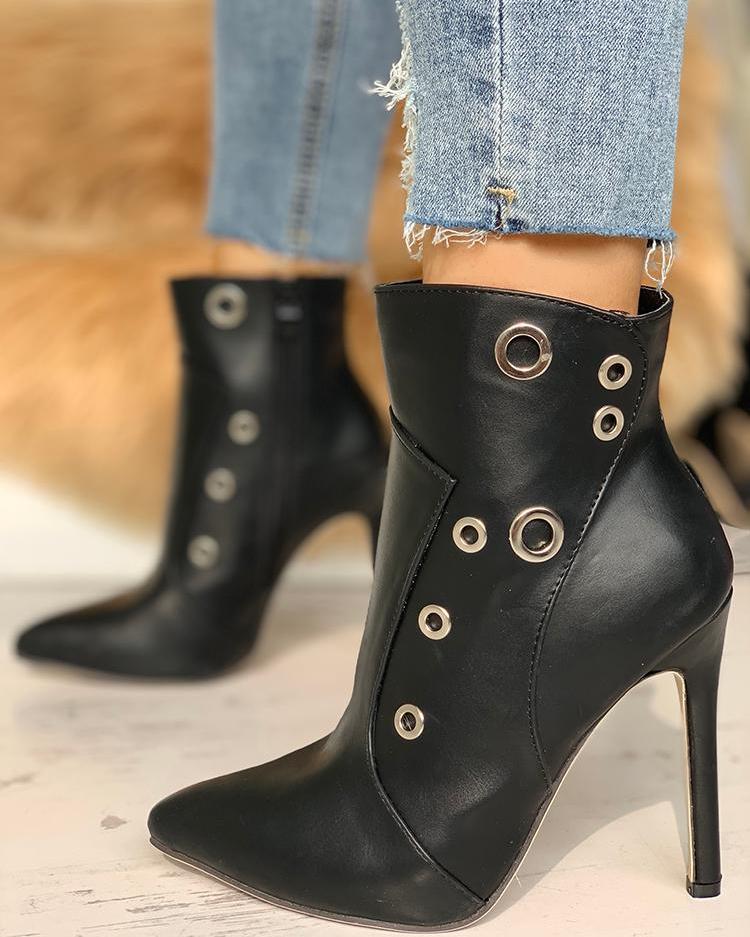 

Metallic Ring Point Toe Thin Heeled Boots