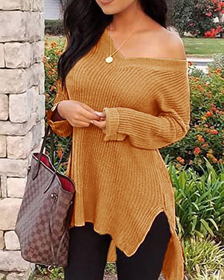 

Solid Long Sleeve Side Slit Dip Hem Sweater, Yellow