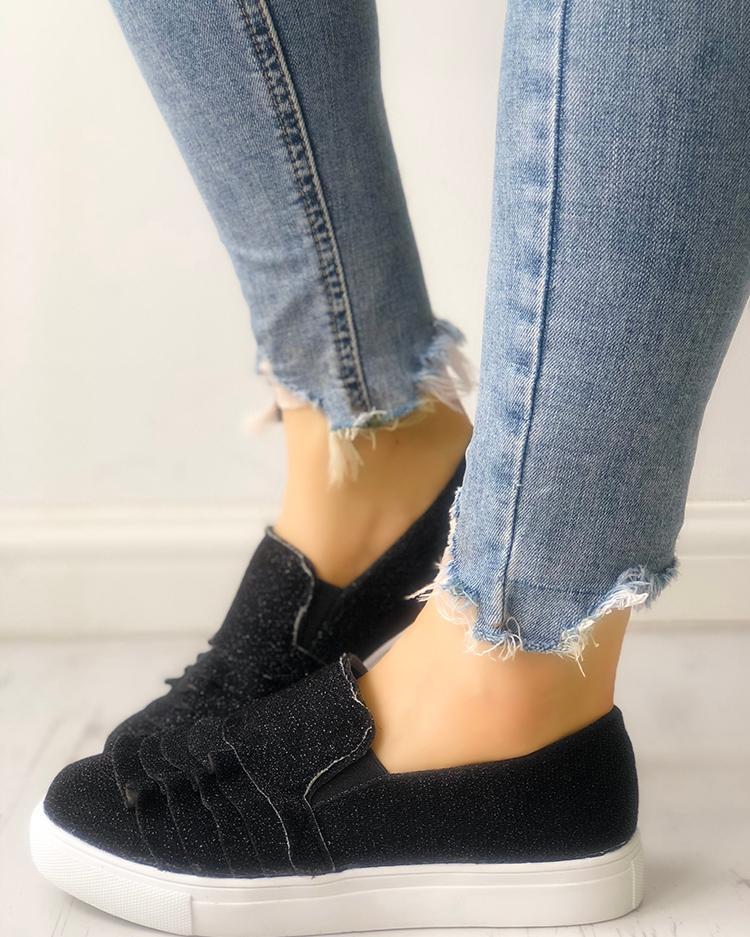 

Solid Layered Ruffles Casual Sneakers, Black