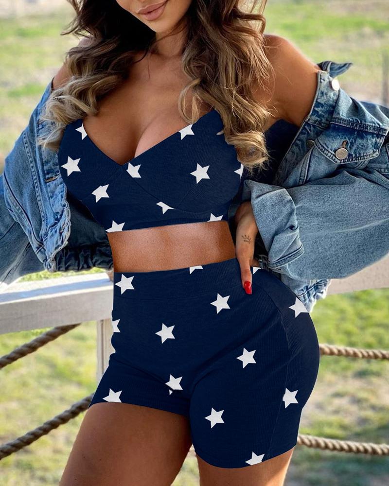 

Stars Print V-neck Top & Shorts Set, Purplish blue