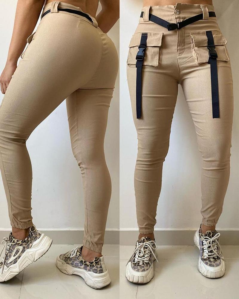 

Pocket Design Buckled Cargo Pants, Beige