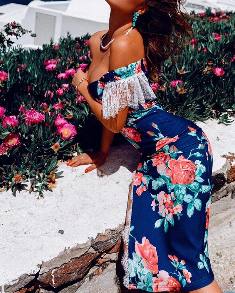

Floral Print Eyelash Lace Insert Slit Dress