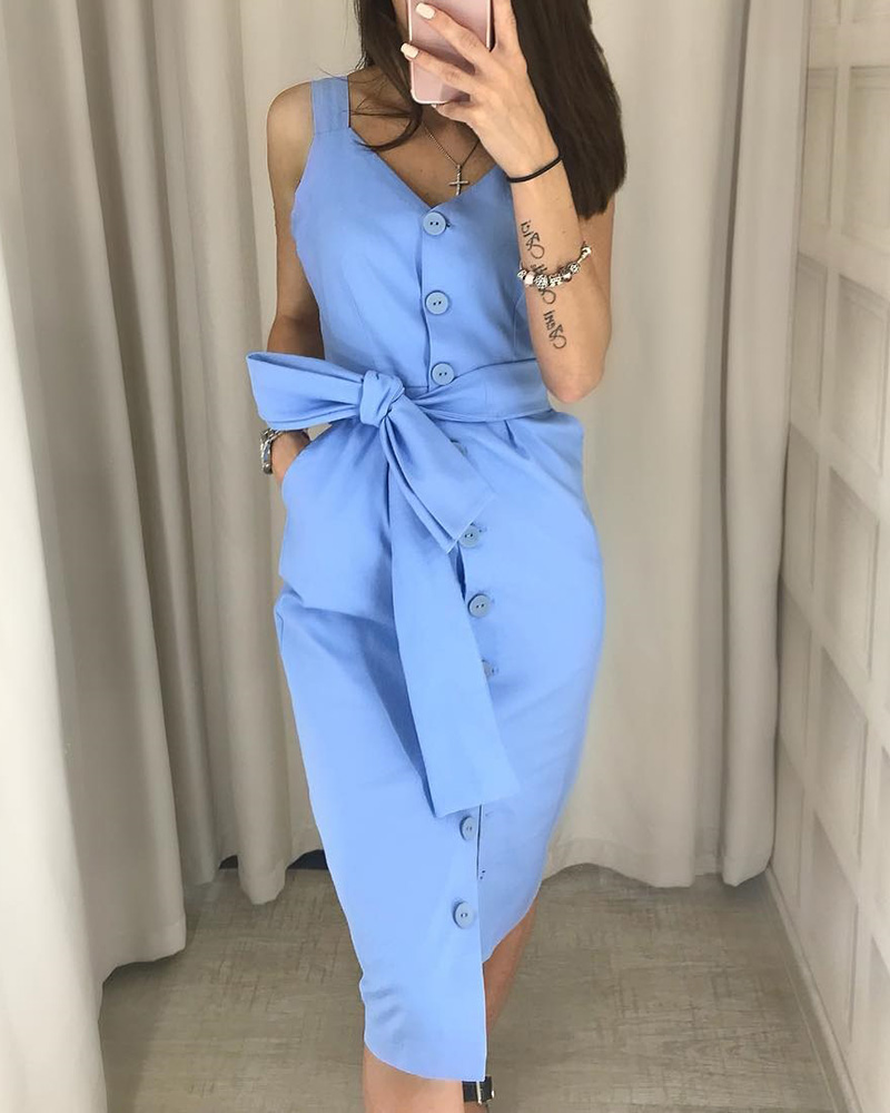 

Sleeveless Button Through Belted Dress
