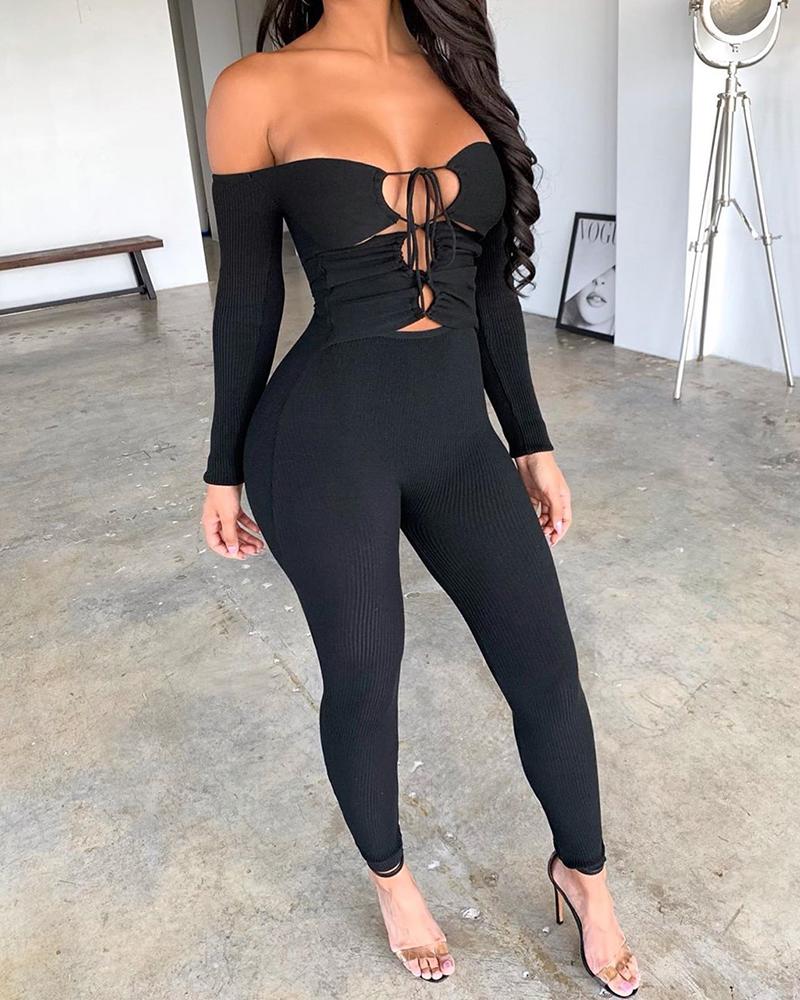 

Solid Lace-Up Off Shoulder Slinky Jumpsuit, Black