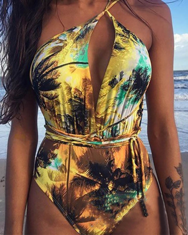 

Print Spaghetti Strap One Piece Swimsuit, Orange