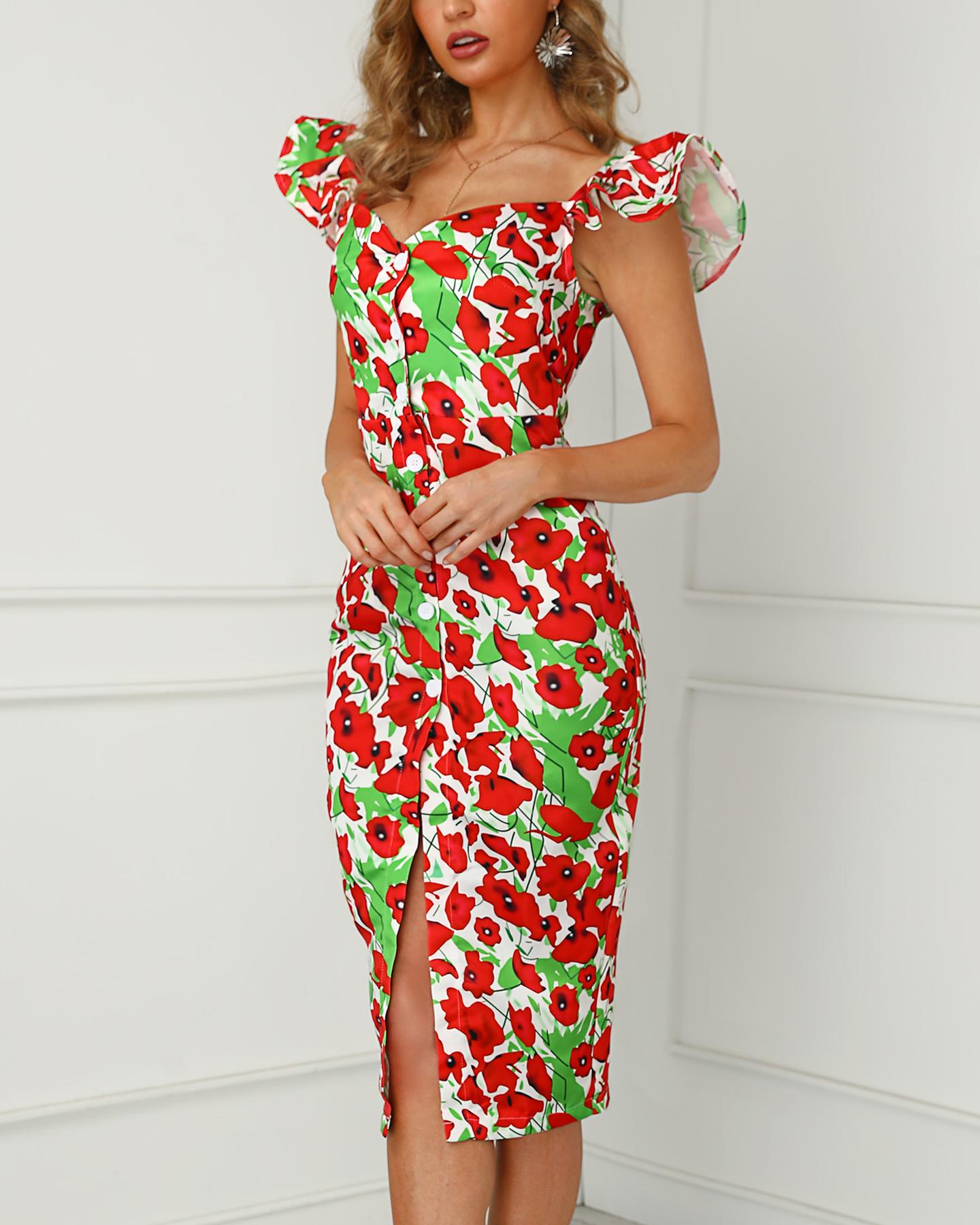 

Floral Print Slit Ruffles Design Dress, Red