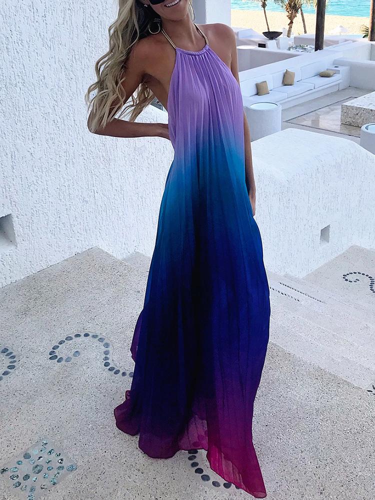 

Gradient Color Open Back Halter Maxi Dress, Multicolor