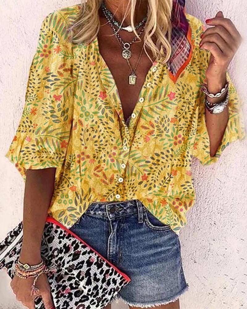 

Botanical Print V-Neck Long Sleeve Shirt