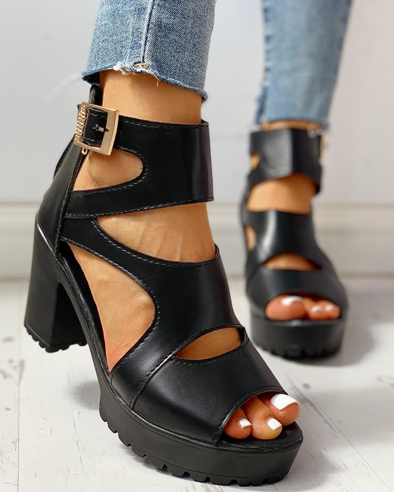 

Solid PU Ankle Strap Platform Chunky Heeled Sandals, Black