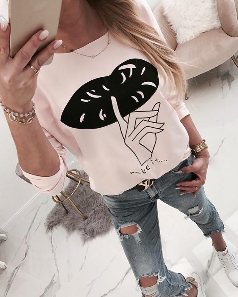 

Round Neck Mouth & Hand Pattern Long Sleeve T-shirt, Pink