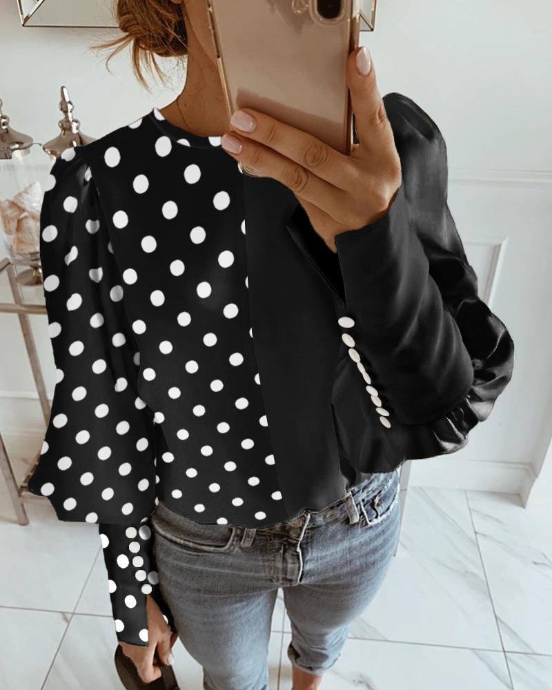 

Polka Dot Colorblock Insert Lantern Sleeve Blouse