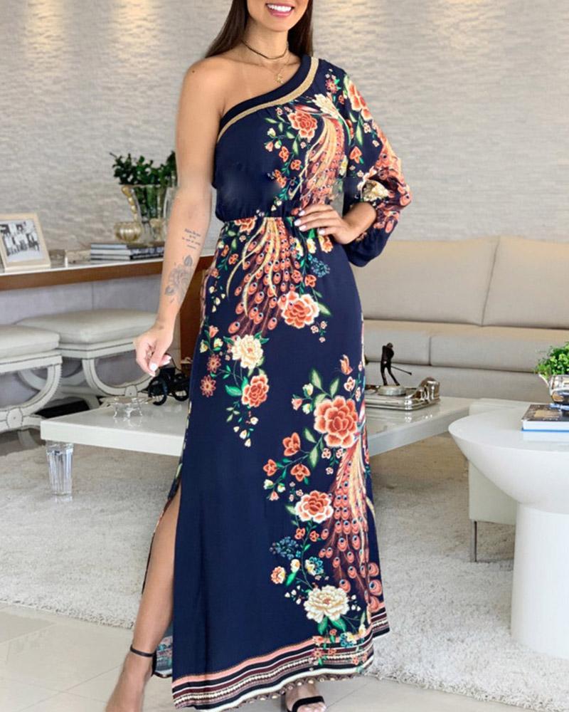 

One Shoulder Exotic Print Slit Maxi Dress