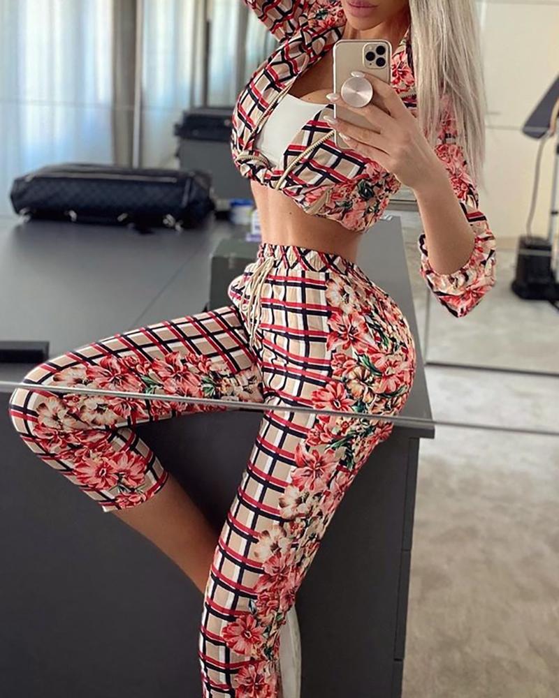 

Floral Print Grid Long Sleeve Top & Pants Set, Red