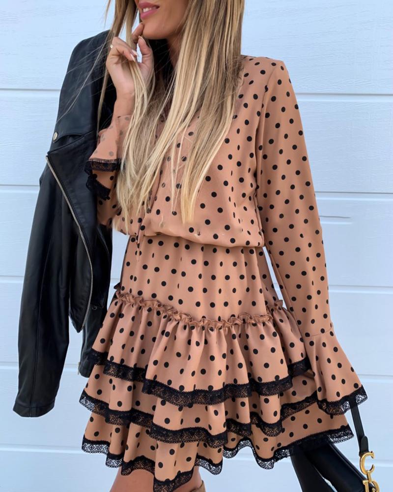 

Dot Lace Patchwork Drawstring Design Pleated Dress, Khaki