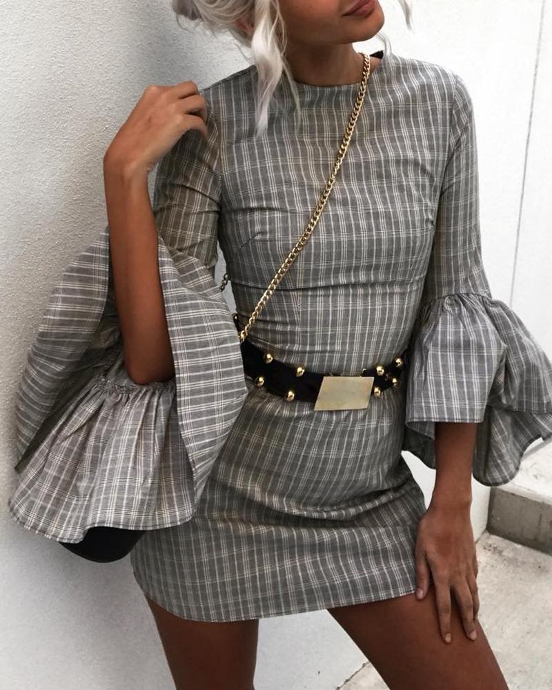 

Plaid Round Neck Bell Cuff Casual Dress, Gray