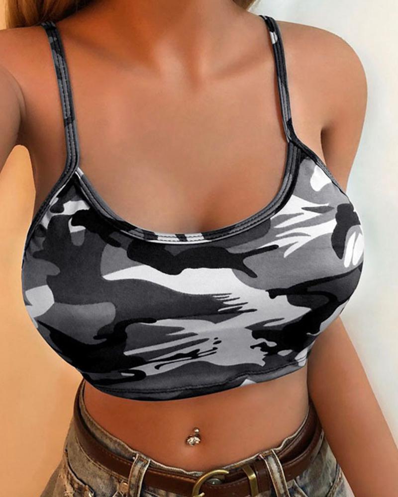 

Camo Print Crop Cami Top, Gray