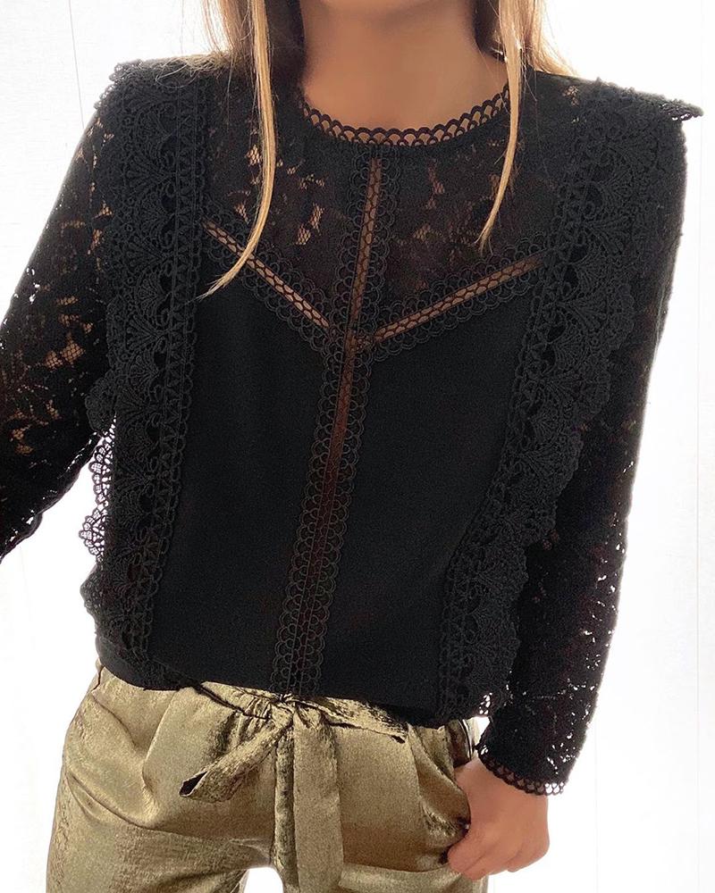 

Eyelash Lace Hollow Out Long Sleeve Top, Black