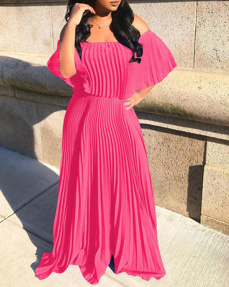 

Solid Ruffles Off Shoulder Pleated Dress, Hot pink