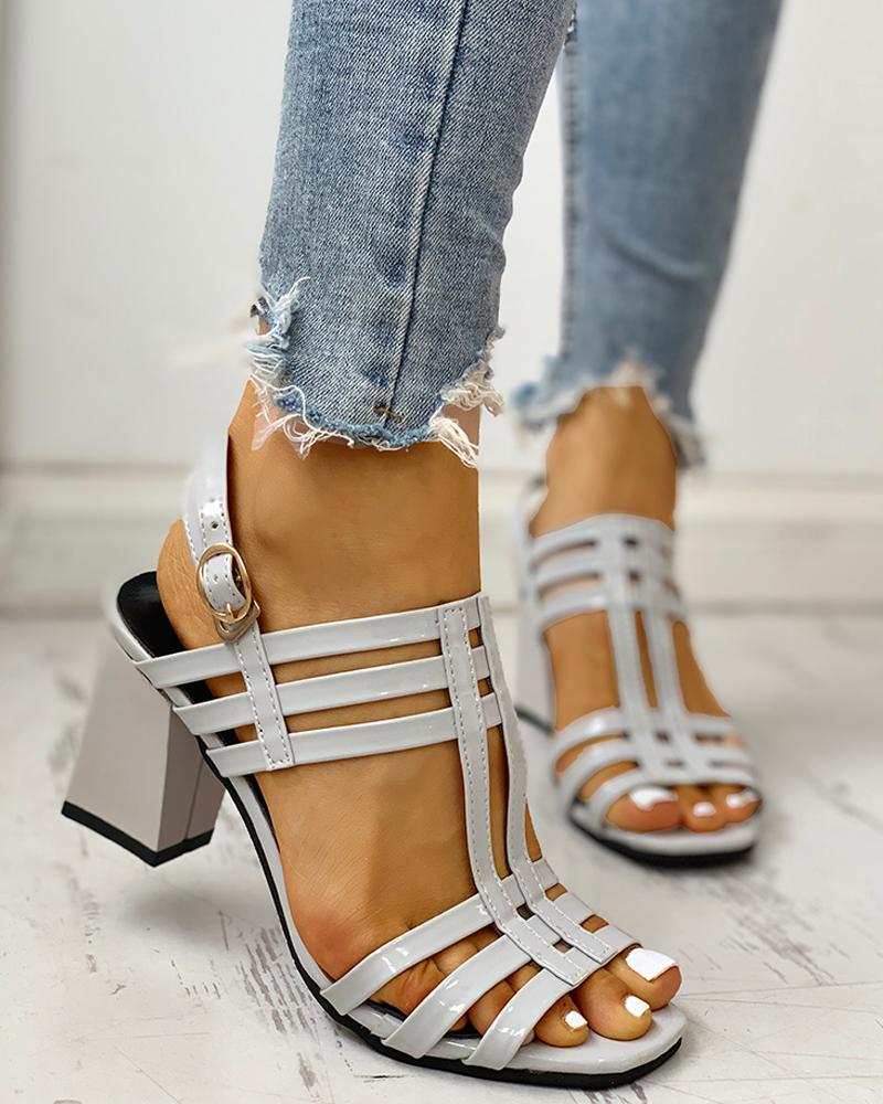 

Ankle Buckled Multi-Strap Chunky Sandals, Gray