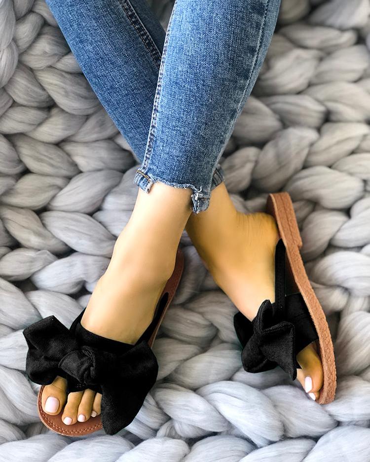 

Casual Bowknot Toe Post Flat Sandals, Black