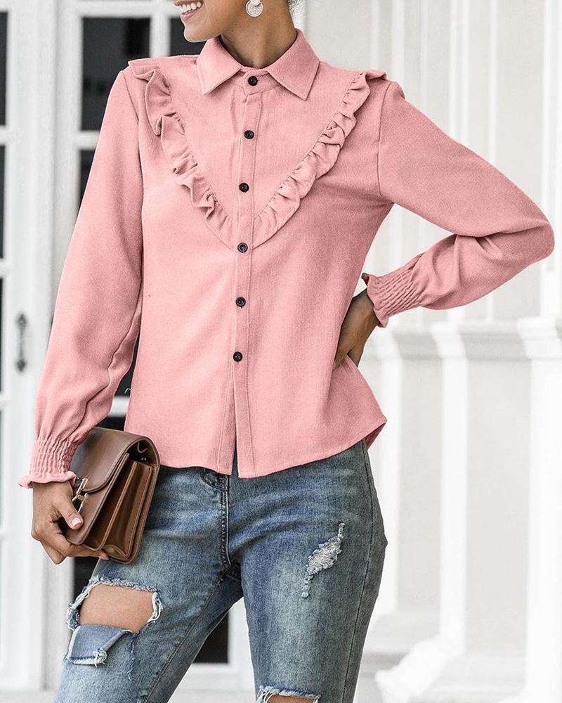 

Ruffle Trim Button Up Shirt, Pink