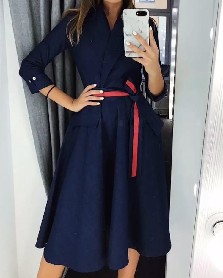 

Long Sleeve Striped Belted Casual Dress, Blue