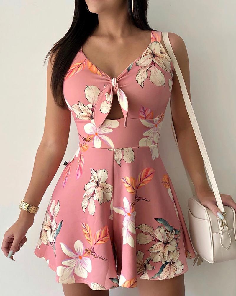 

Floral Print Knotted Front Casual Romper, Pink