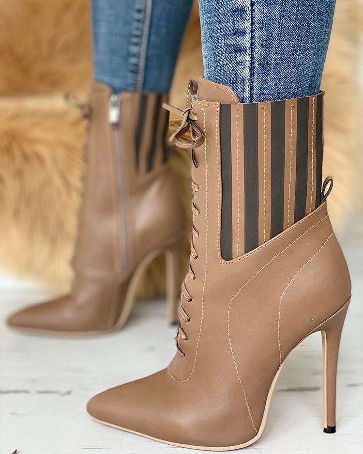 

Point Toe Lace-Up Striped Boots, Khaki